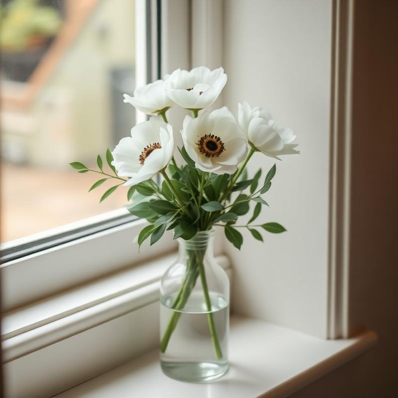 Anemoner i liten vase i vinduskarmen