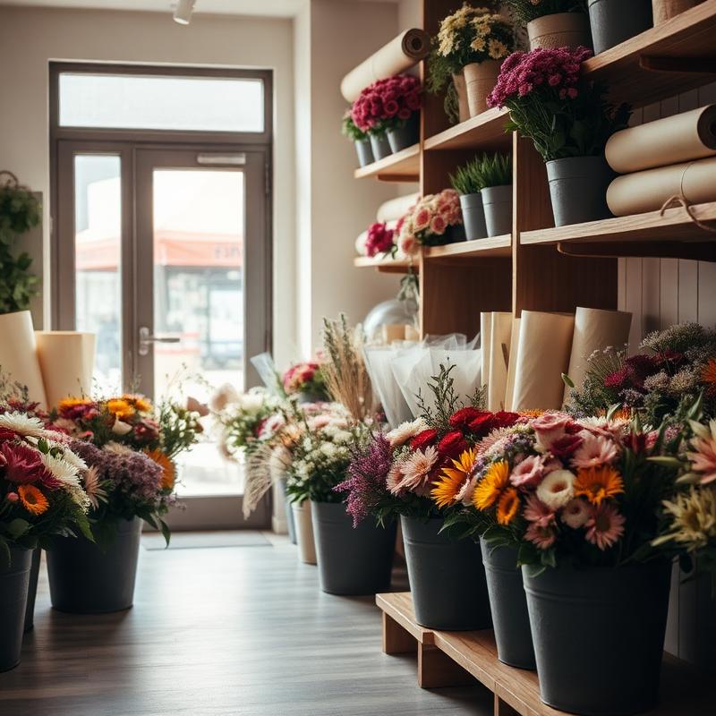Bøtter med sesongens blomster i butikken