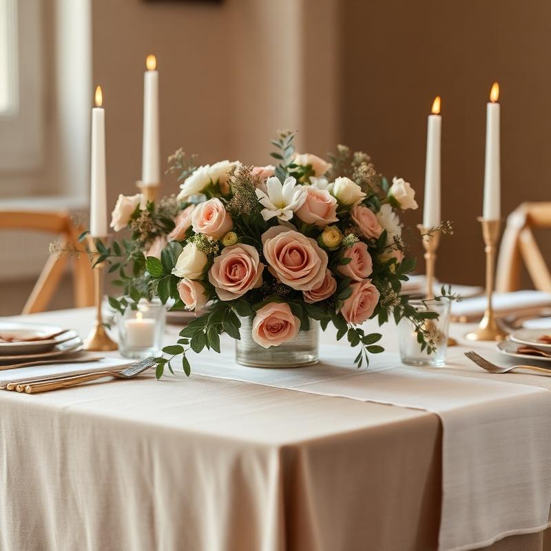 Lav blomsteroppsats på pyntet bord